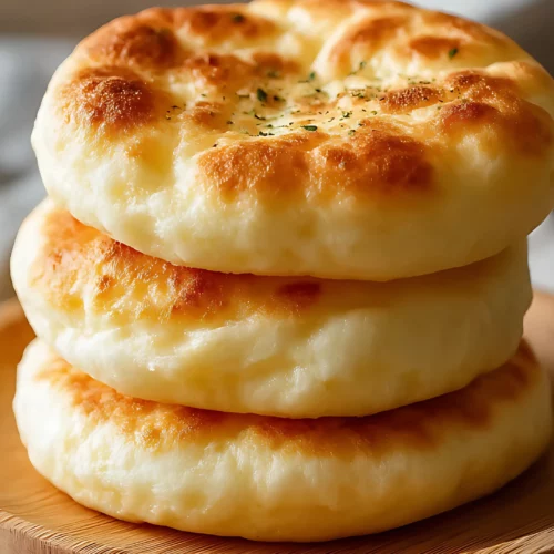 Stack of fluffy golden cloud breads on wooden plate