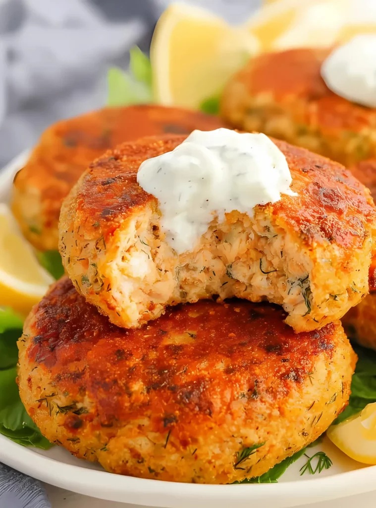 Stacked salmon patties with tartar sauce and lemon wedges