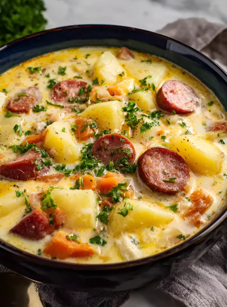 Steamy sausage potato soup in a dark ceramic bowl with herbS