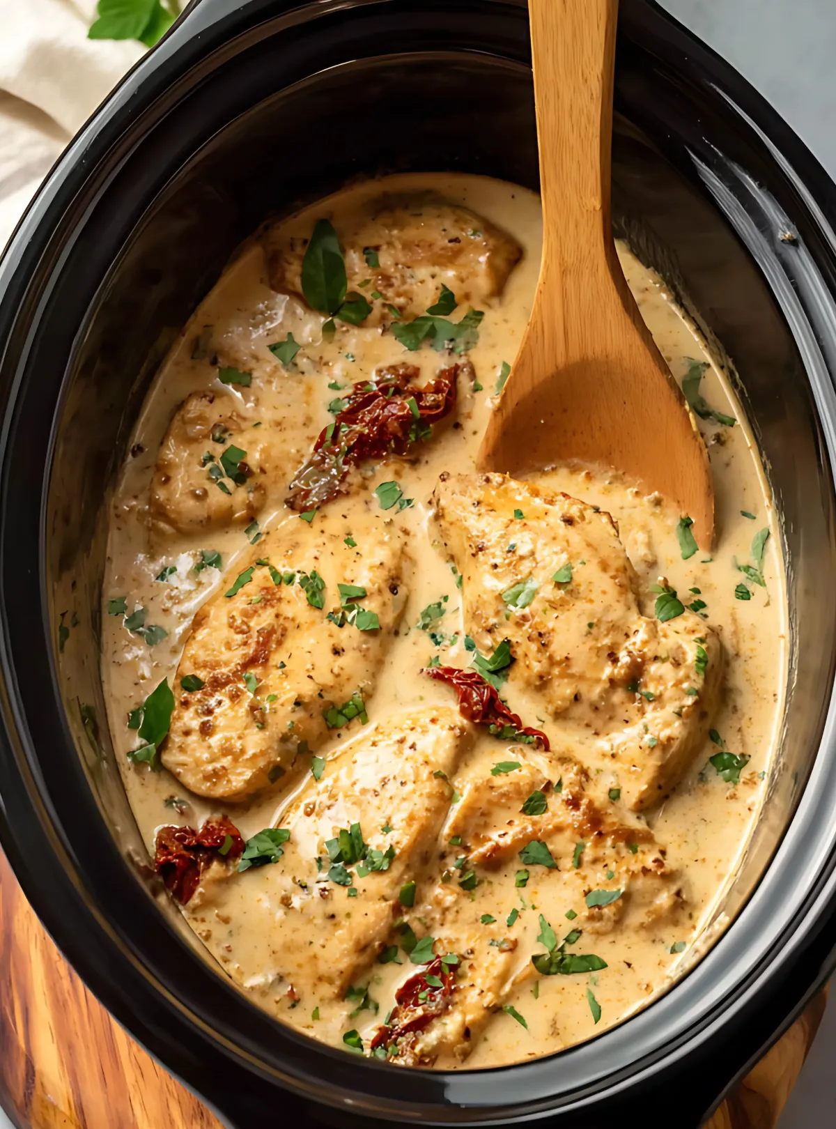Stirring creamy chicken in slow cooker