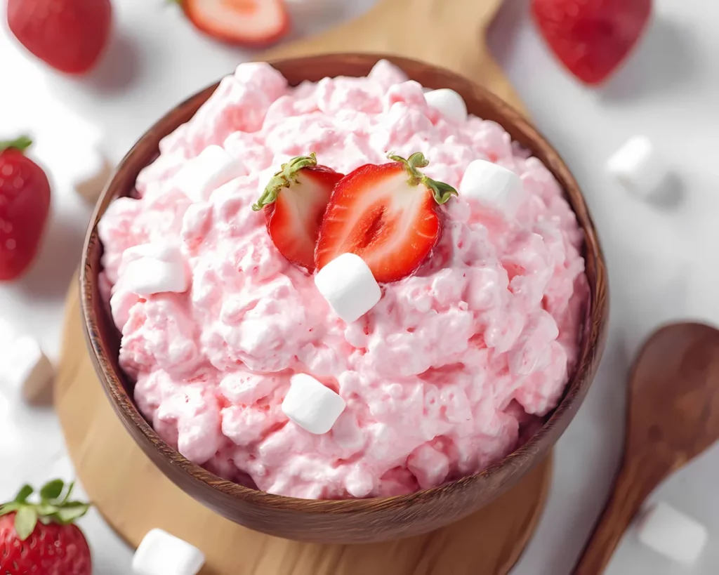 Strawberry fluff in wooden bowl topped with sliced strawberry and mini marshmallows