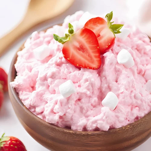 Strawberry fluff in wooden bowl with halved strawberries on top