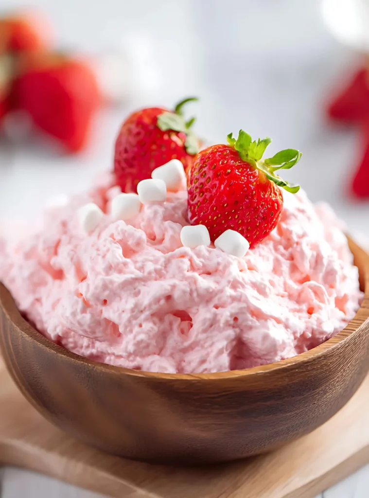 Strawberry fluff topped with whole strawberries and marshmallows
