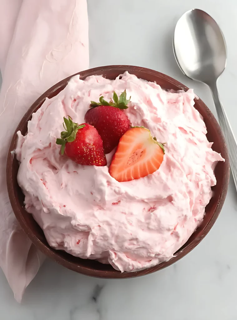 Strawberry fluff with three strawberries on top and spoon beside