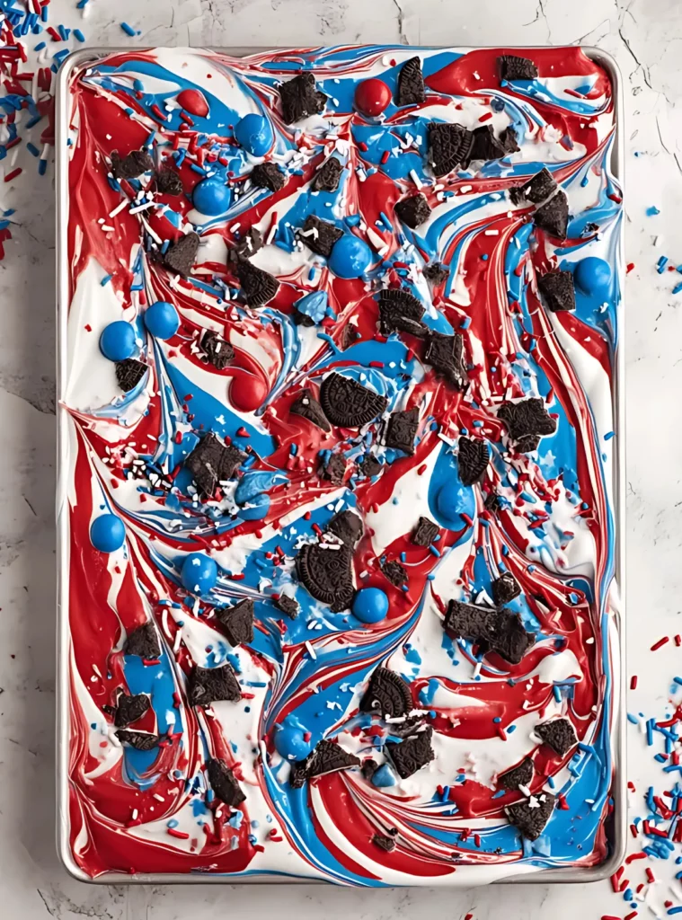 Swirled bark topped with Oreos and sprinkles