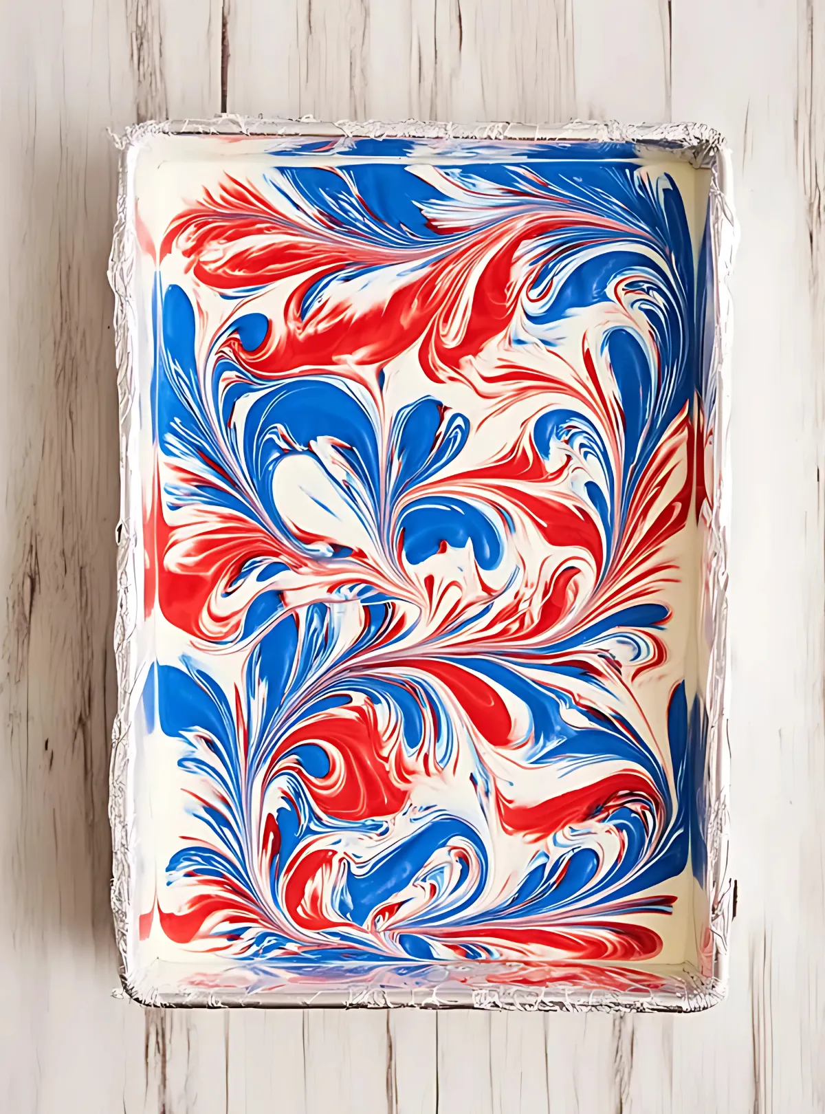 Swirled candy bark in baking tray