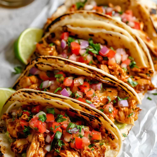 Tacos with charred tortillas and salsa topping