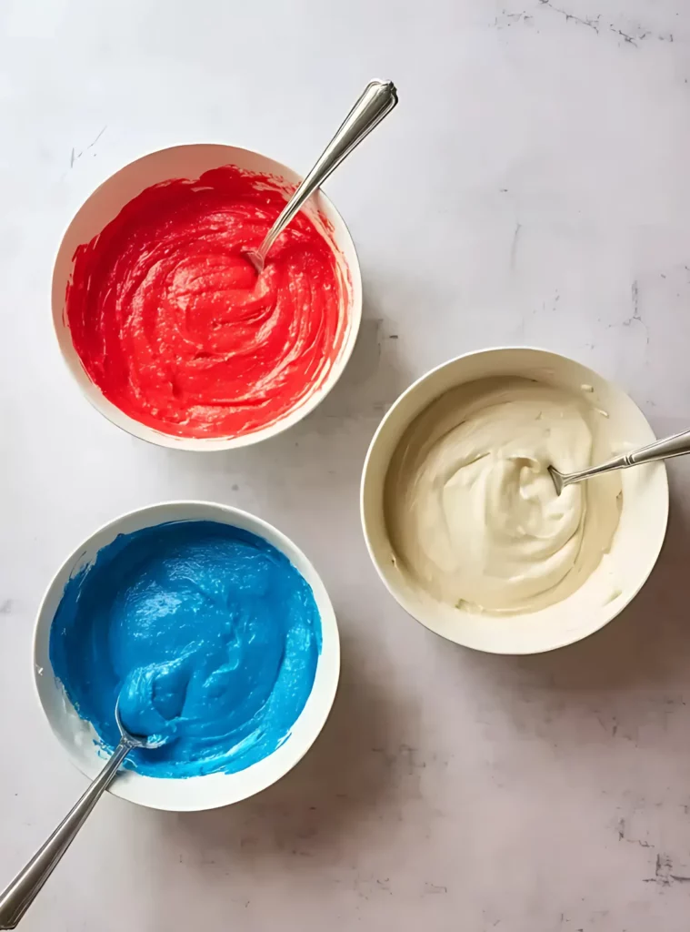 Three bowls of red blue and white cake batter