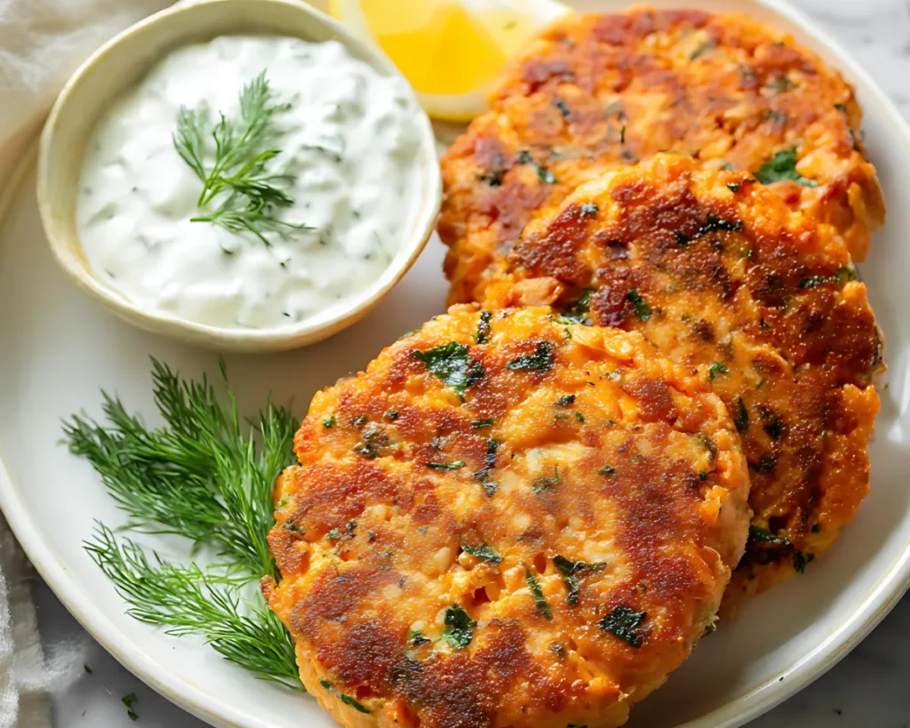 Three crispy salmon cakes arranged on white plate with tzatziki and fresh dill