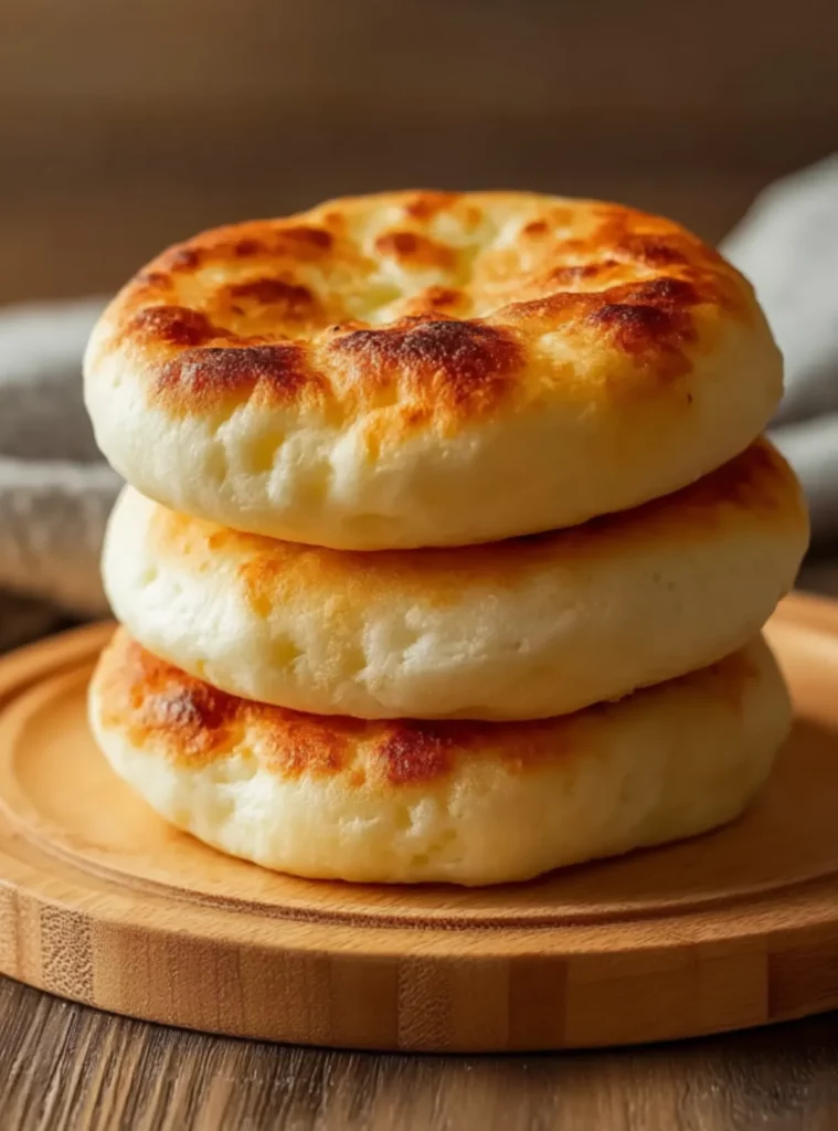 Three golden cloud breads stacked on wooden tray