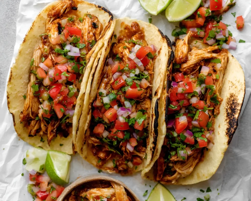 Three tacos with lime wedges and salsa