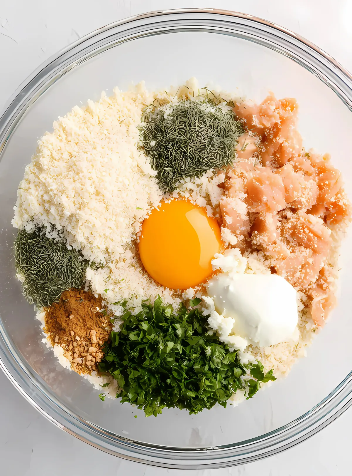 Unmixed salmon patty ingredients arranged in clear glass bowl