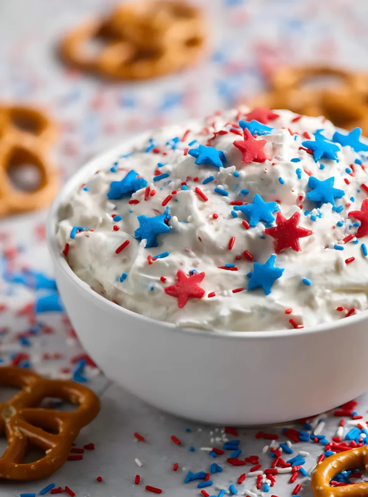 White bowl of dip with red blue star sprinkles