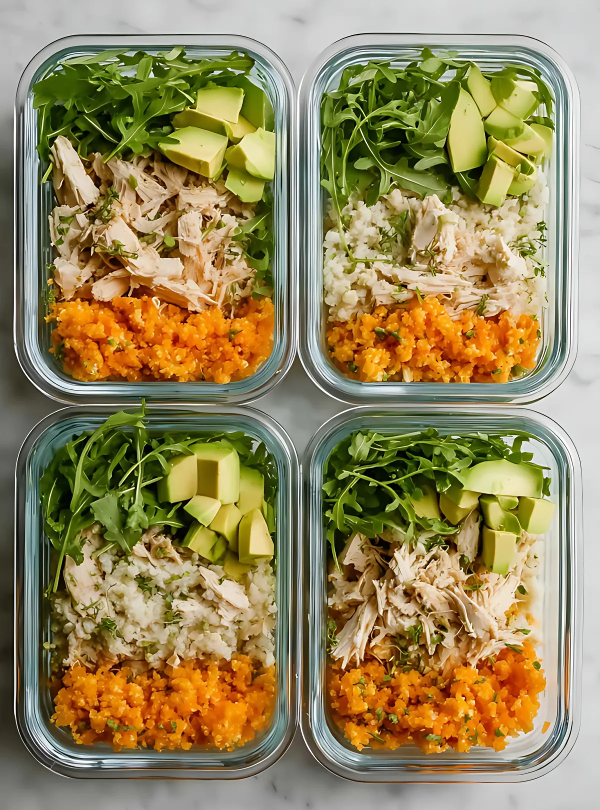arugula chicken avocado carrot rice meal prep