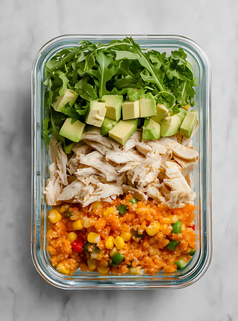 arugula chicken avocado mexican cauliflower rice meal prep image
