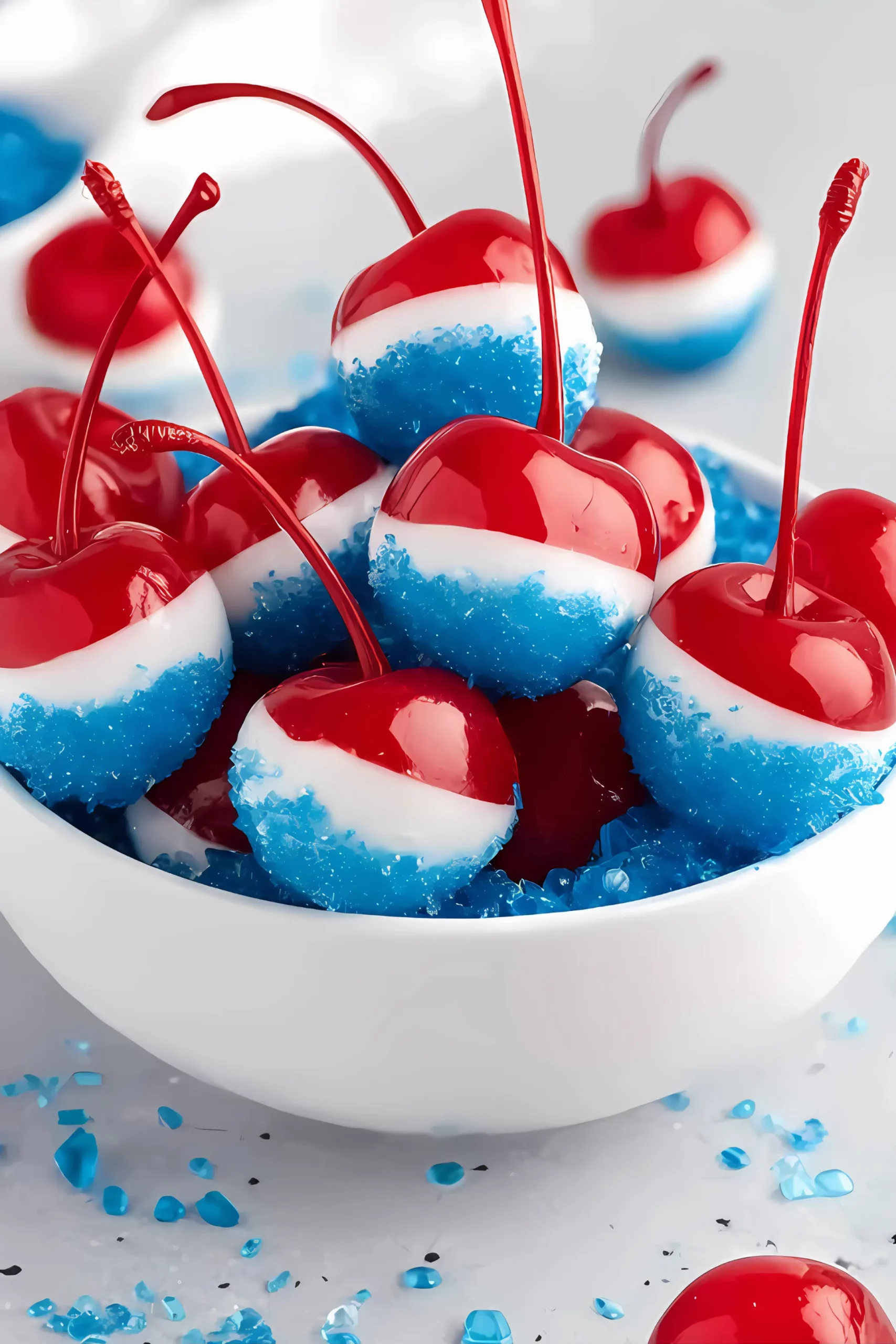 cherries in white bowl with blue sugar