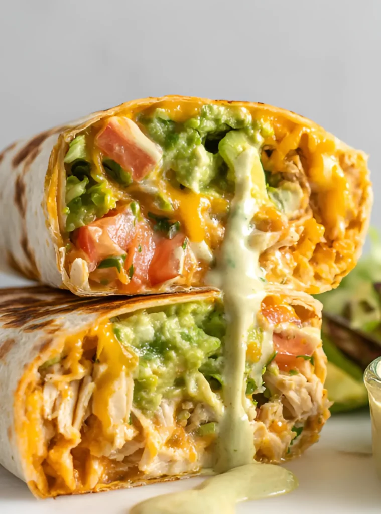 chicken burrito with avocado ranch drizzle
