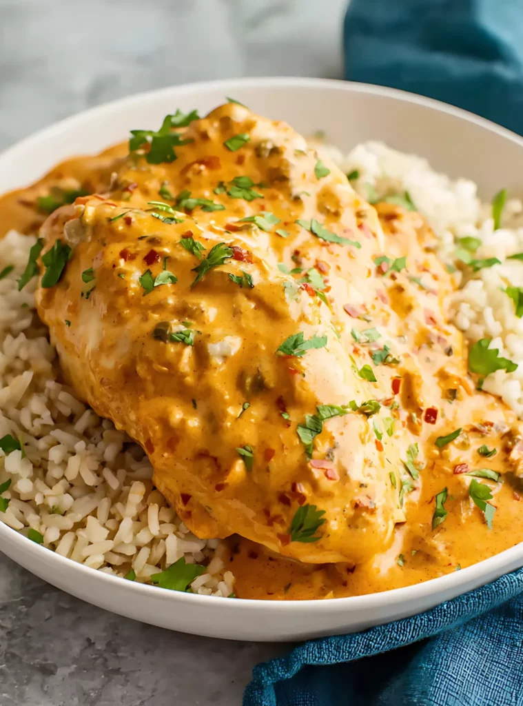 chipotle chicken breast served over rice in white bowl