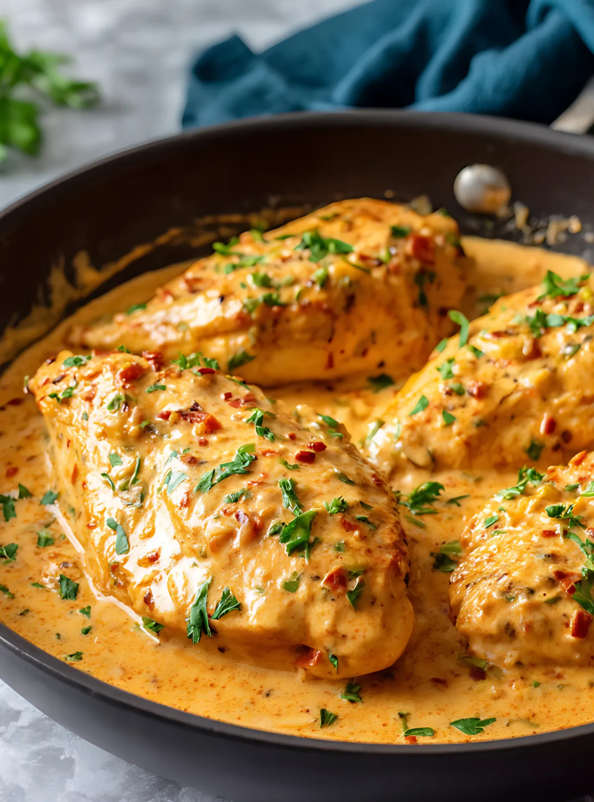 creamy chipotle chicken close up with herbs on top