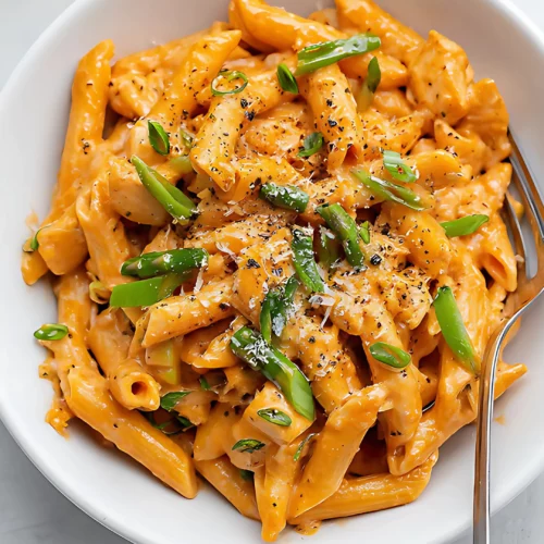 creamy chipotle chicken pasta topped with parmesan and green onions