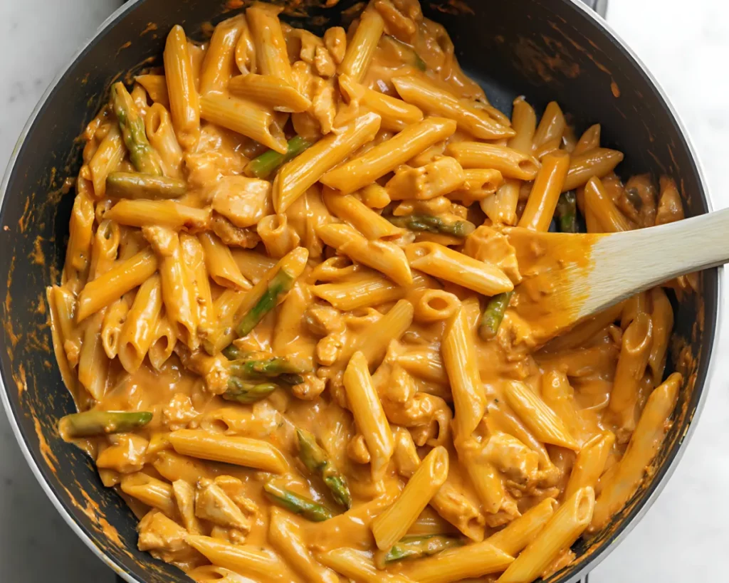 creamy chipotle chicken pasta with asparagus in a skillet stirred with wooden spoon