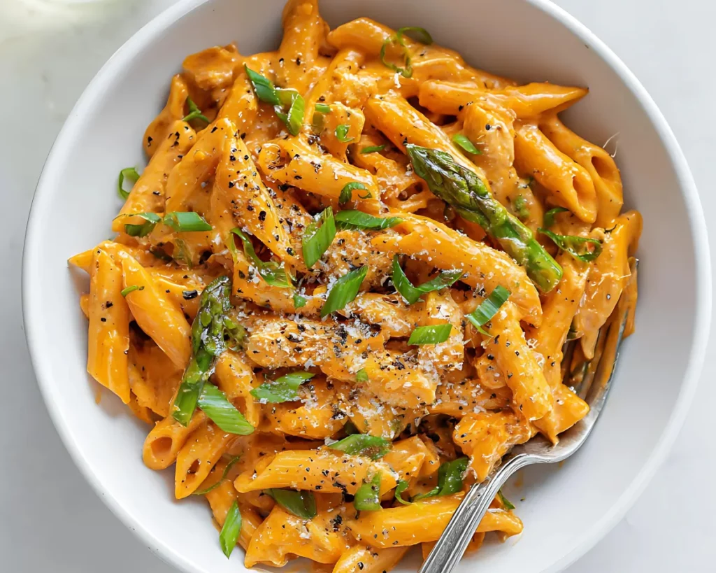 creamy pasta topped with asparagus green onions and cracked pepper