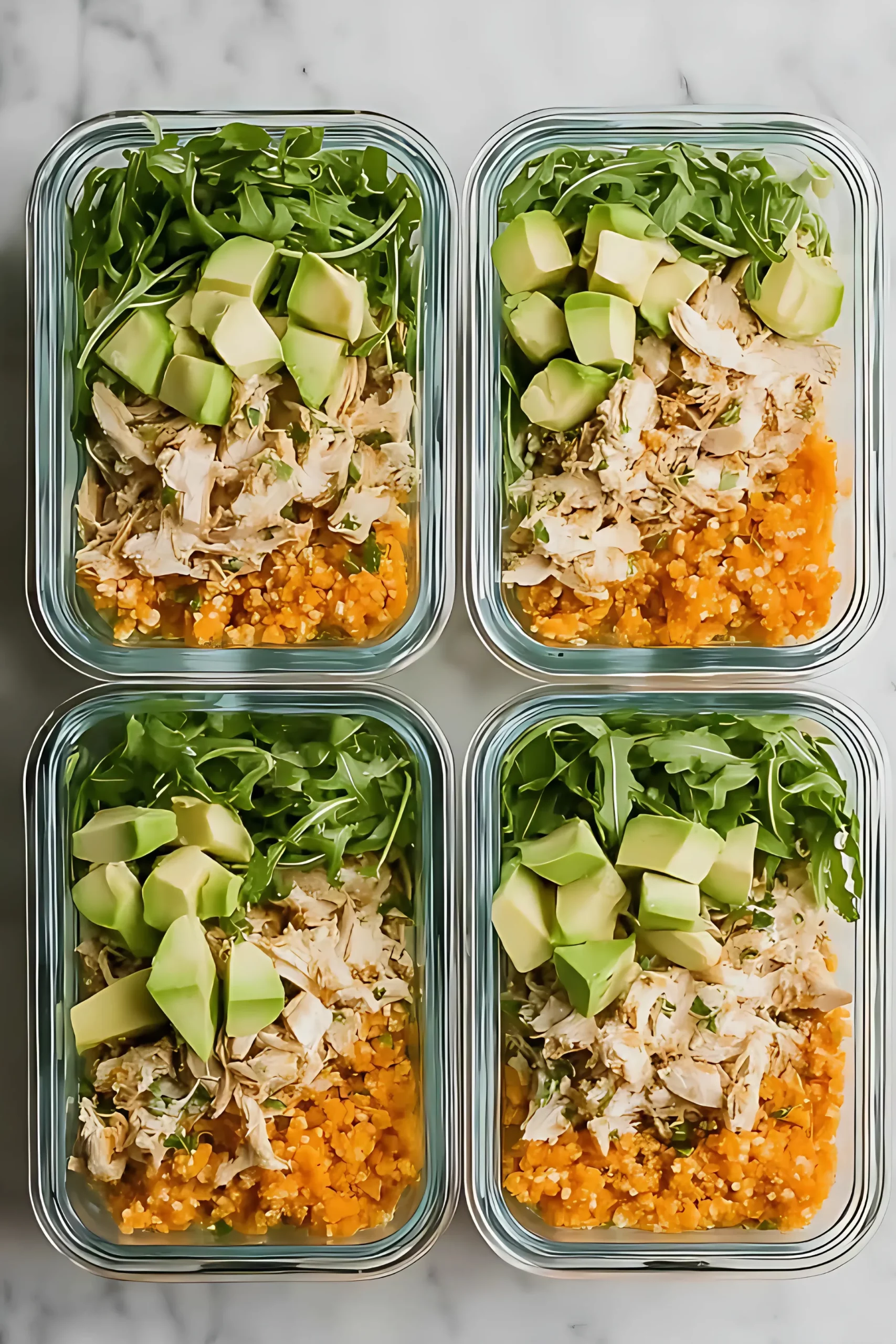 four containers of arugula chicken avocado carrot rice meal prep