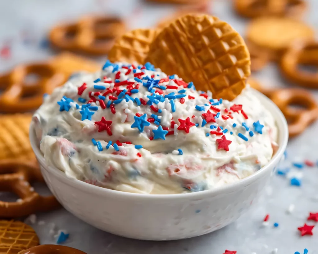 funfetti dip in bowl with two cookies on top