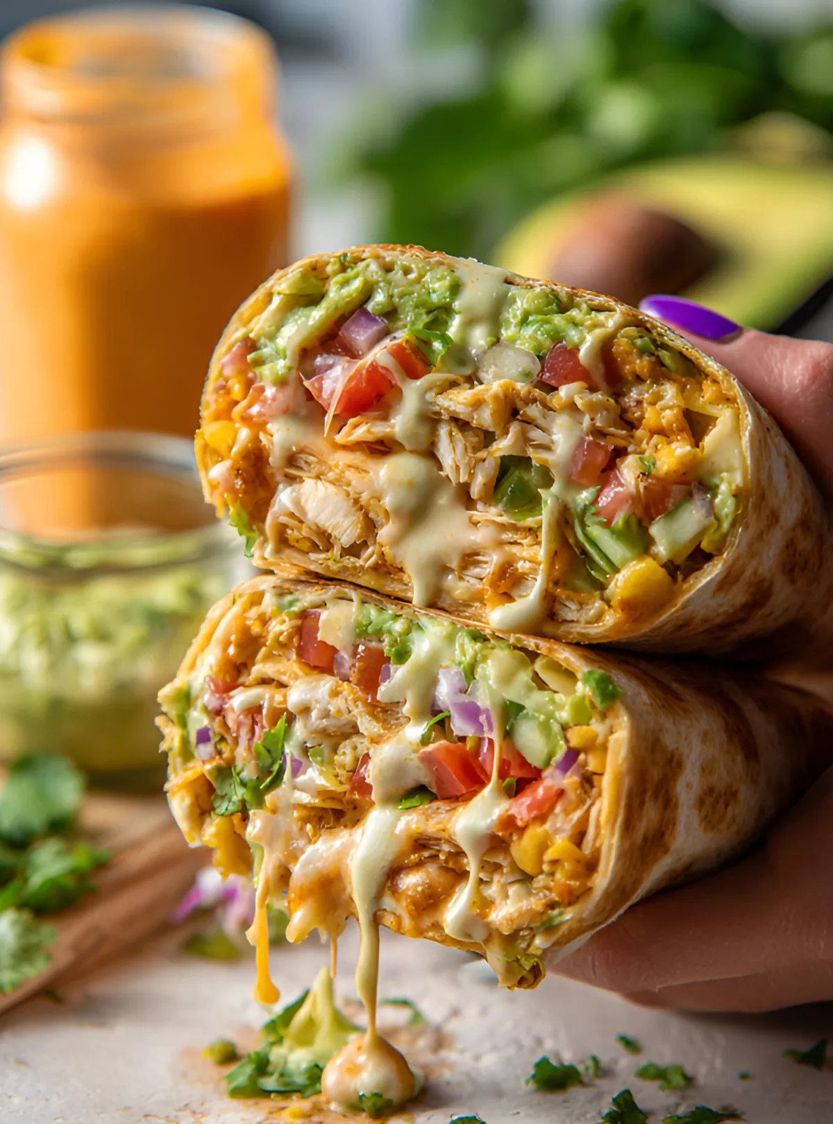 hand holding burrito with avocado ranch drizzle