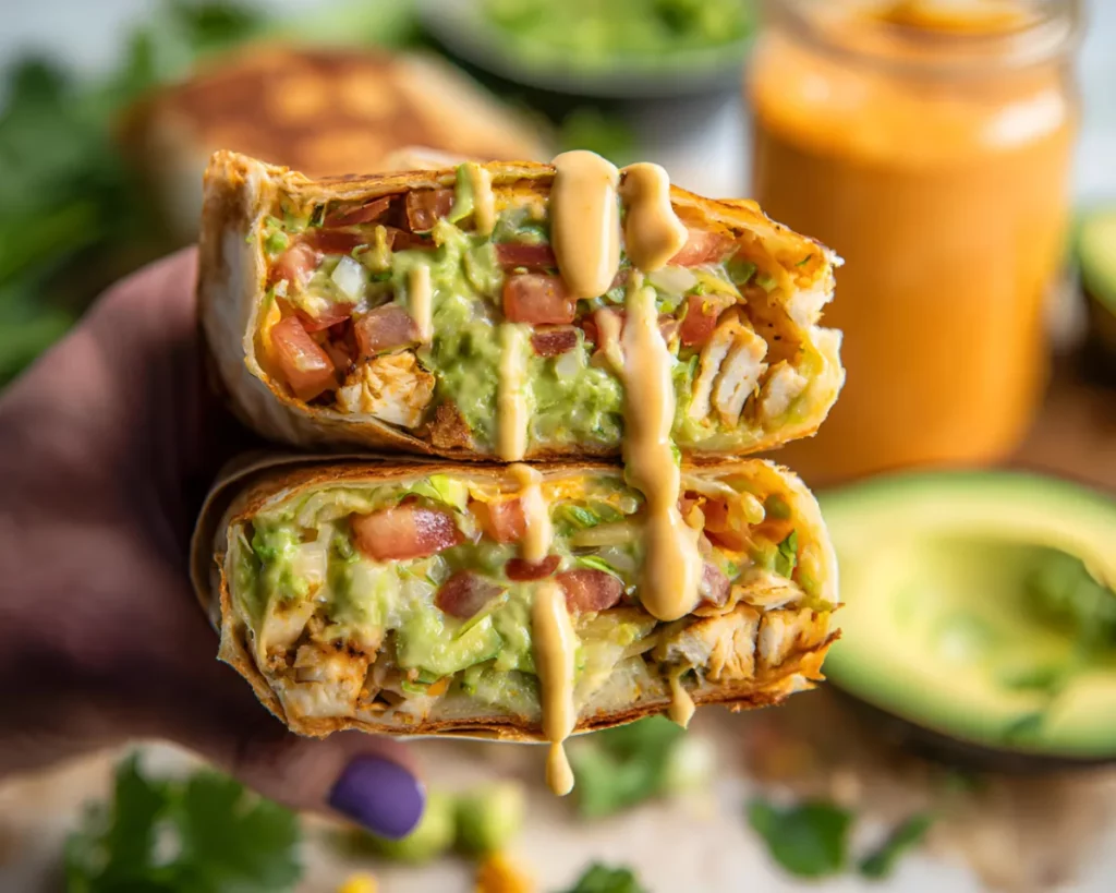 hand holding burrito with chipotle drizzle easy recipe