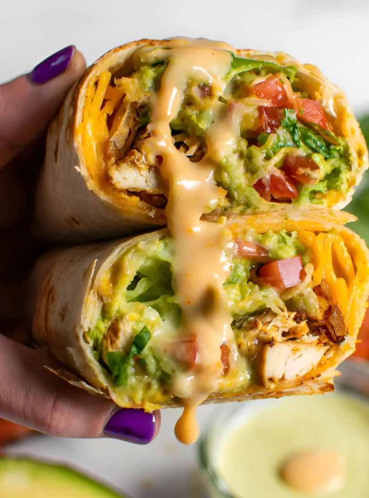 hand holding chicken burrito with chipotle sauce