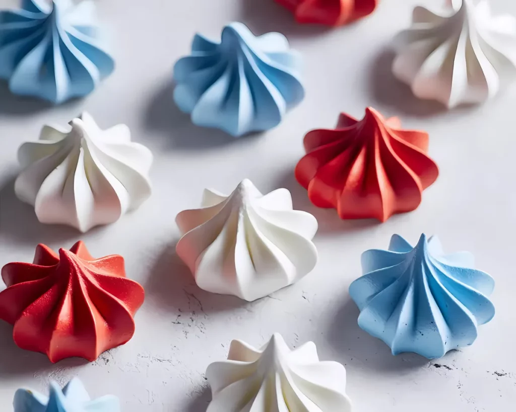 meringue cookies in soft red white blue tones