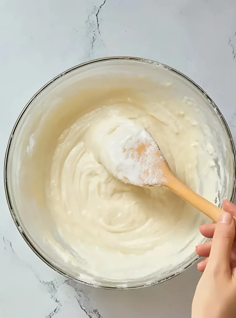mixing cake batter in a glass bowl