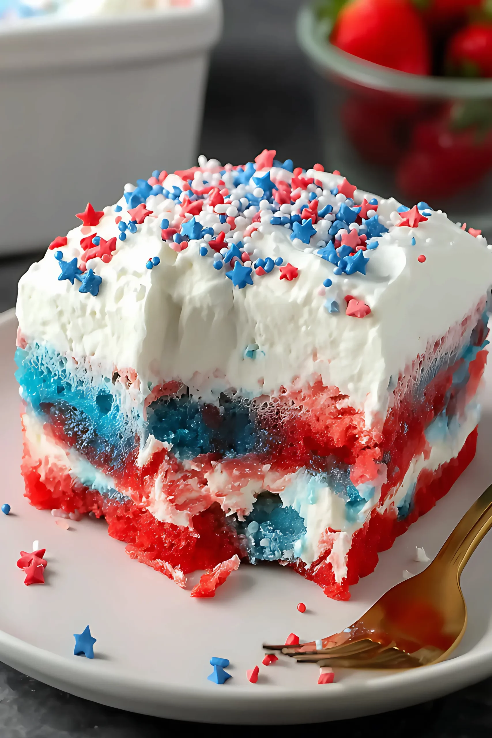 patriotic cake slice on red rimmed plate with gold fork