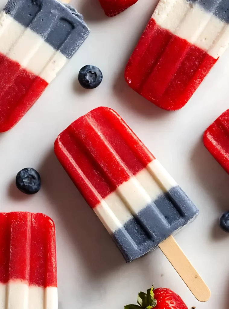 patriotic popsicles on white surface with berries