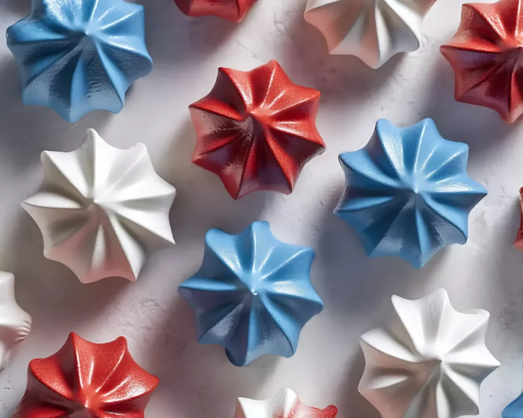 red and blue meringues on white surface