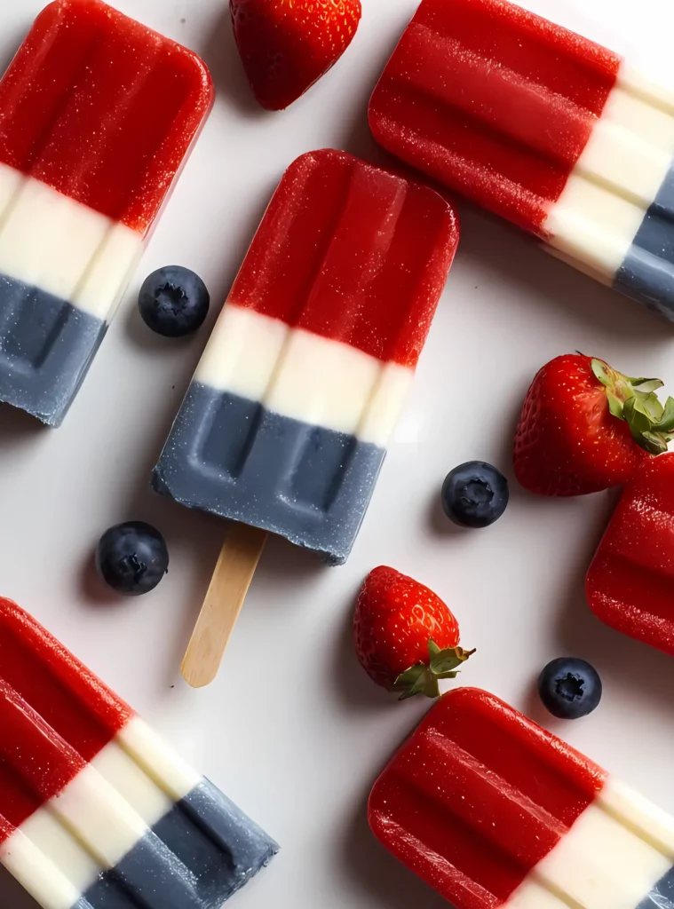 red white and blue popsicles with fresh strawberries and blueberries