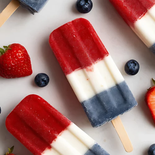 red white and blue popsicles with strawberries and blueberries