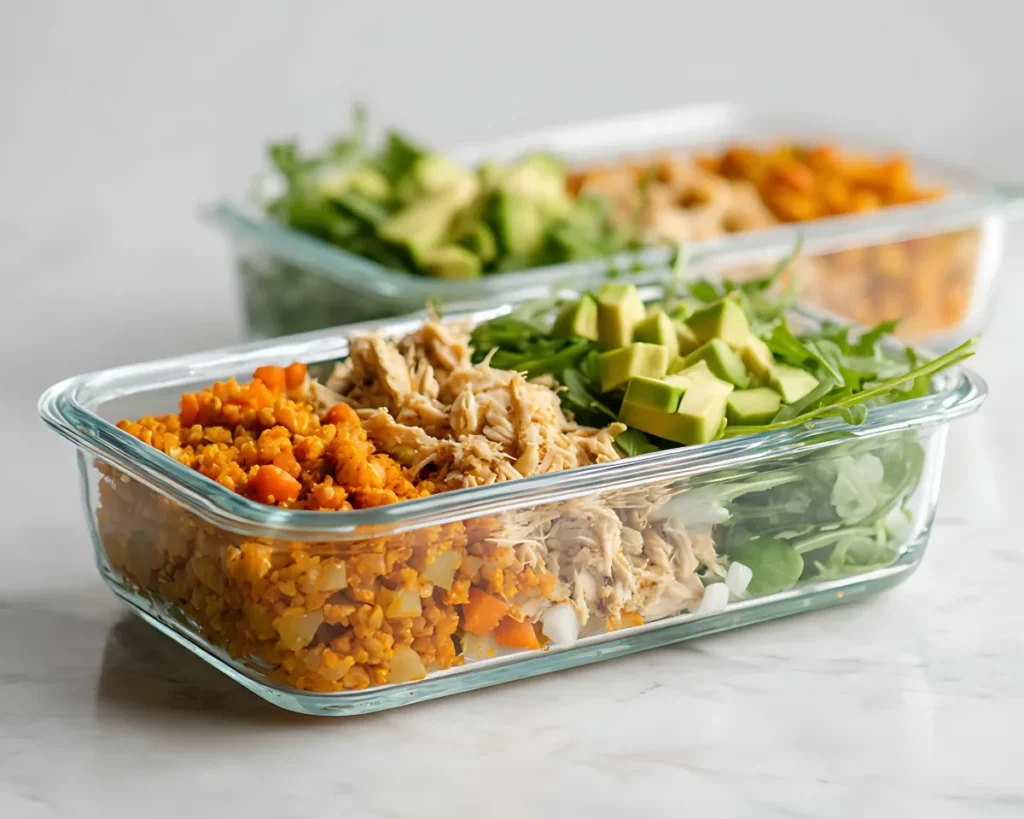 side view chicken avocado arugula carrot rice meal prep