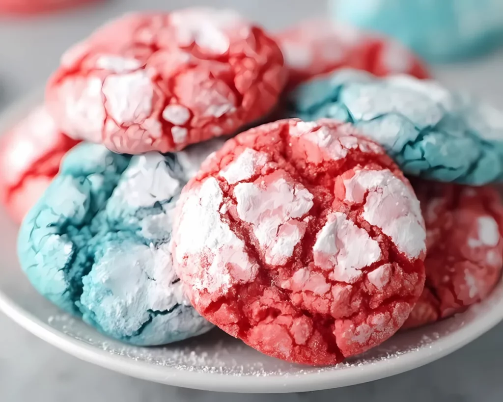 stack of red and blue cookies on white dish