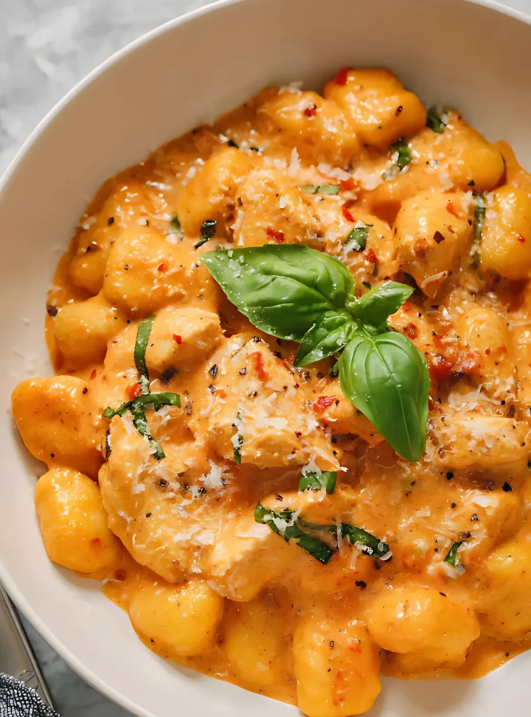 top view of a Creamy chicken gnocchi in white bowl with basil and parmesan