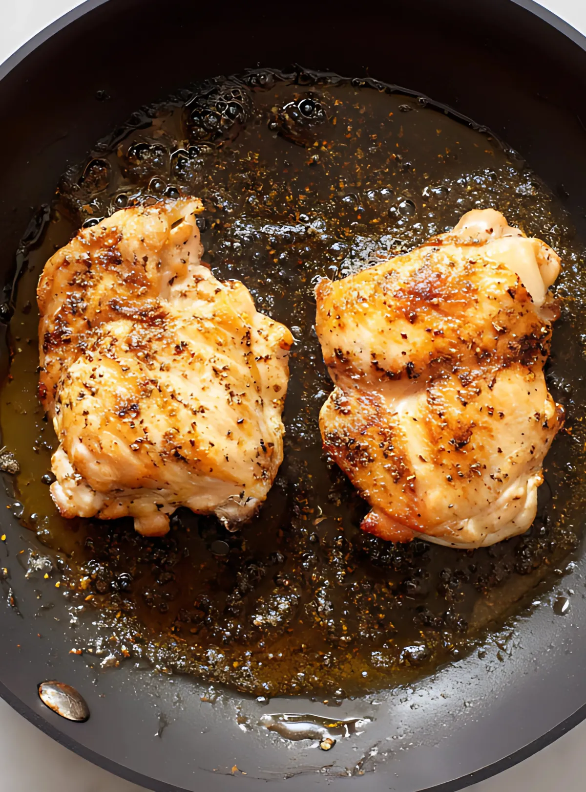 two seared chicken thighs cooking in a black skillet