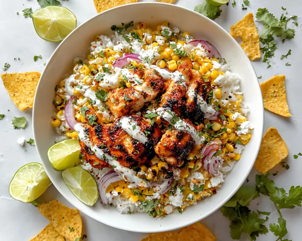 Chicken corn rice bowl with cilantro and tortilla chips
