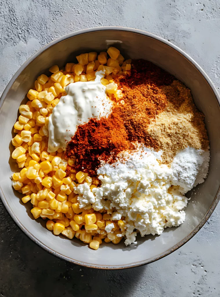 Corn kernels with spices cheese mayo in mixing bowl