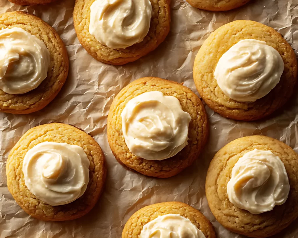 Cornbread cookies with swirled frosting on parchment