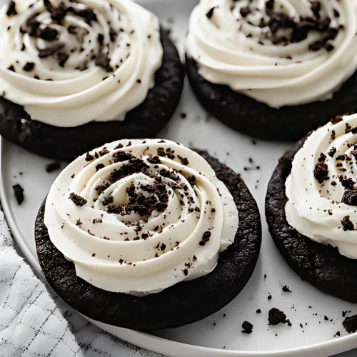 Frosted chocolate cookies with Oreo crumbs on white plate