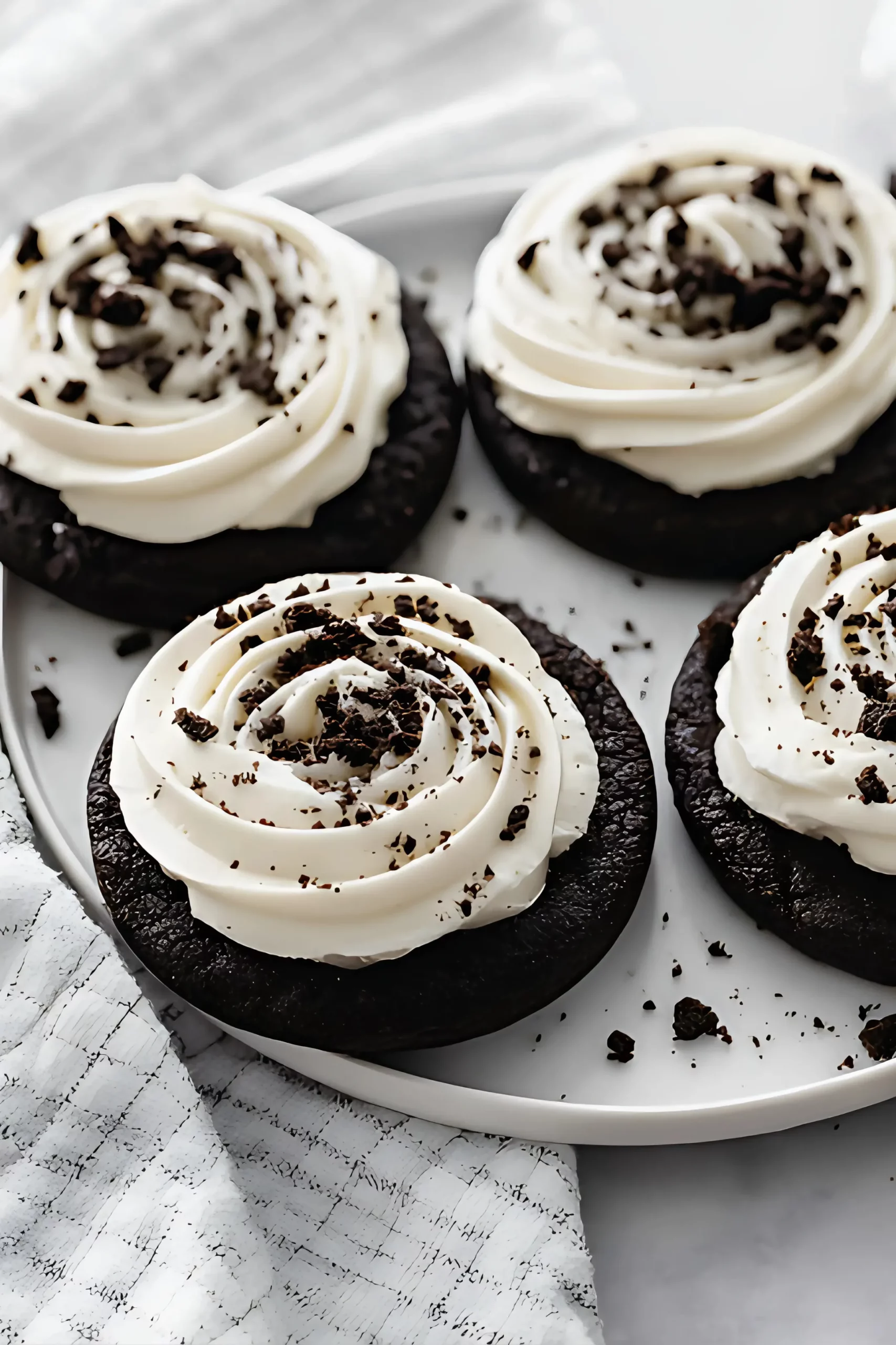 Frosted chocolate cookies with Oreo crumbs on white plate