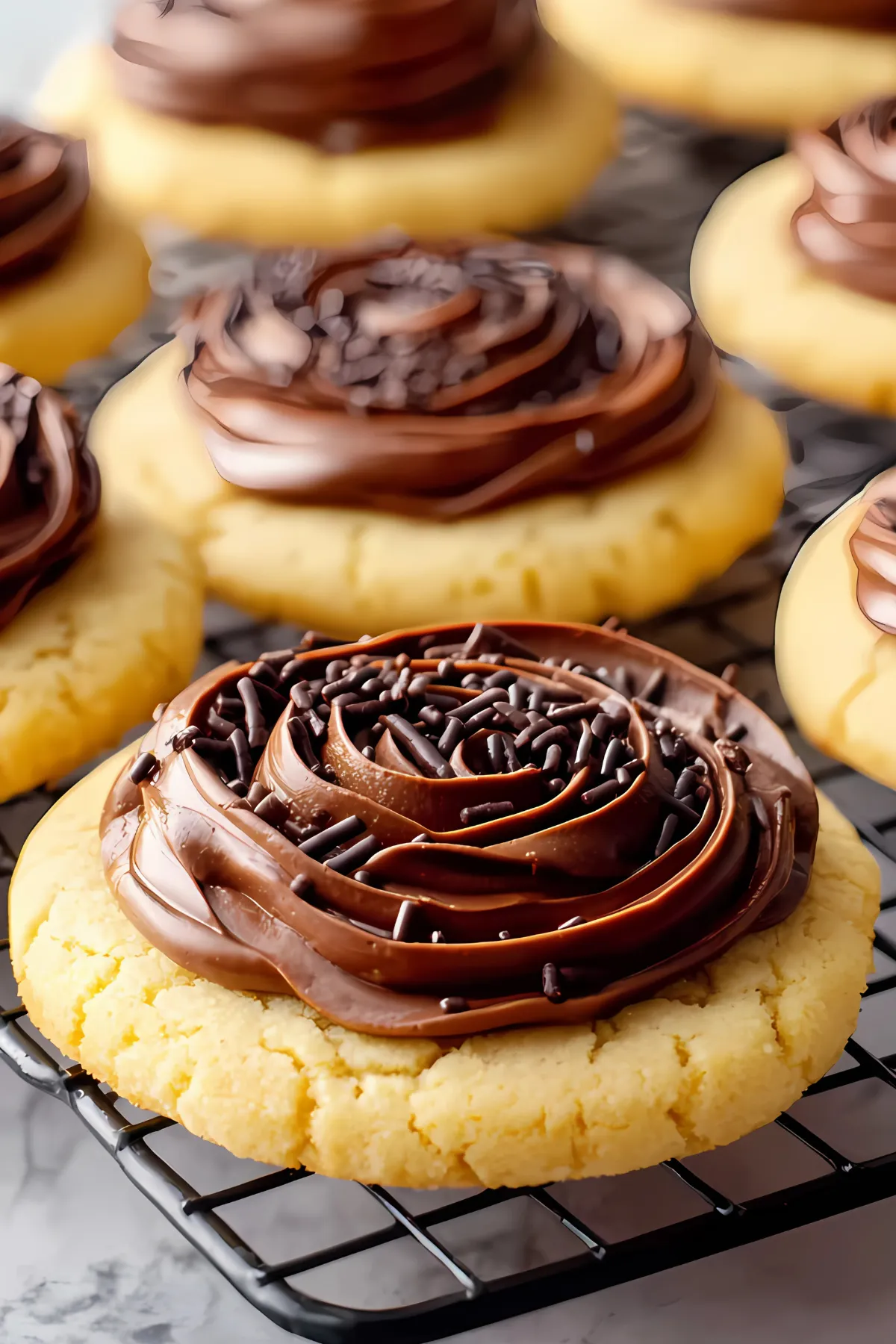 Frosted cookies cooling on black wire rack