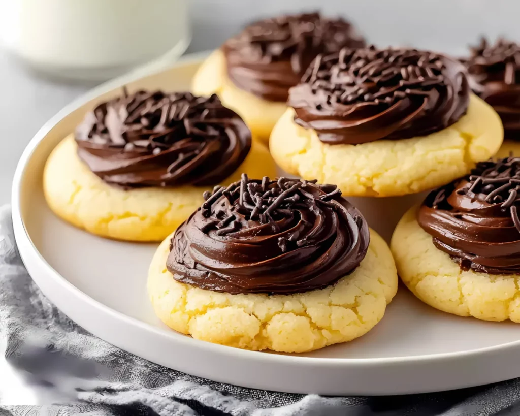 Frosted cookies on white plate with gray napkin