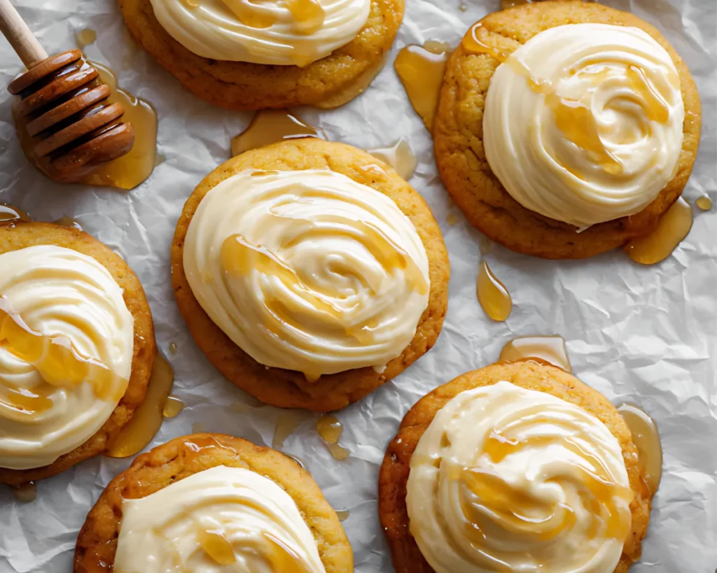 Frosted cookies with honey drizzle and honey dipper